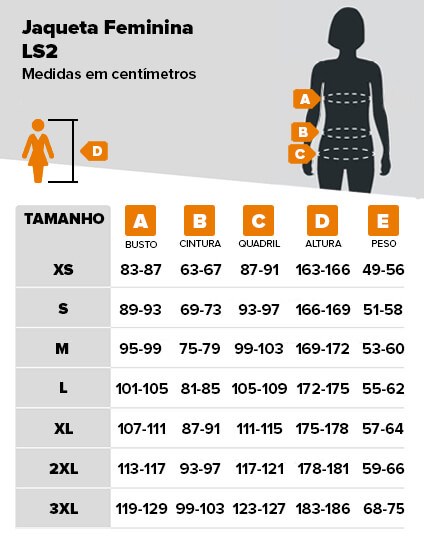 Tabela de medidas jaqueta LS2 feminina